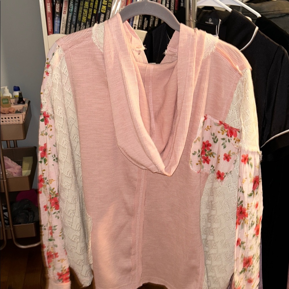 POL Soft Pink Knit Hooded Patchwork Top - Picture 5 of 6